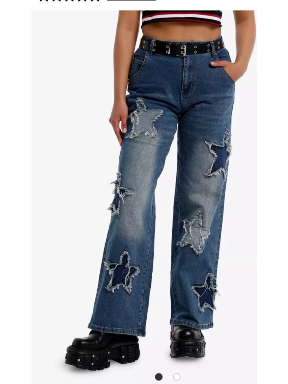 Hot topic indigo star Two-Tone Star Patch Belted Wide Leg Jeans Sz 5 festival